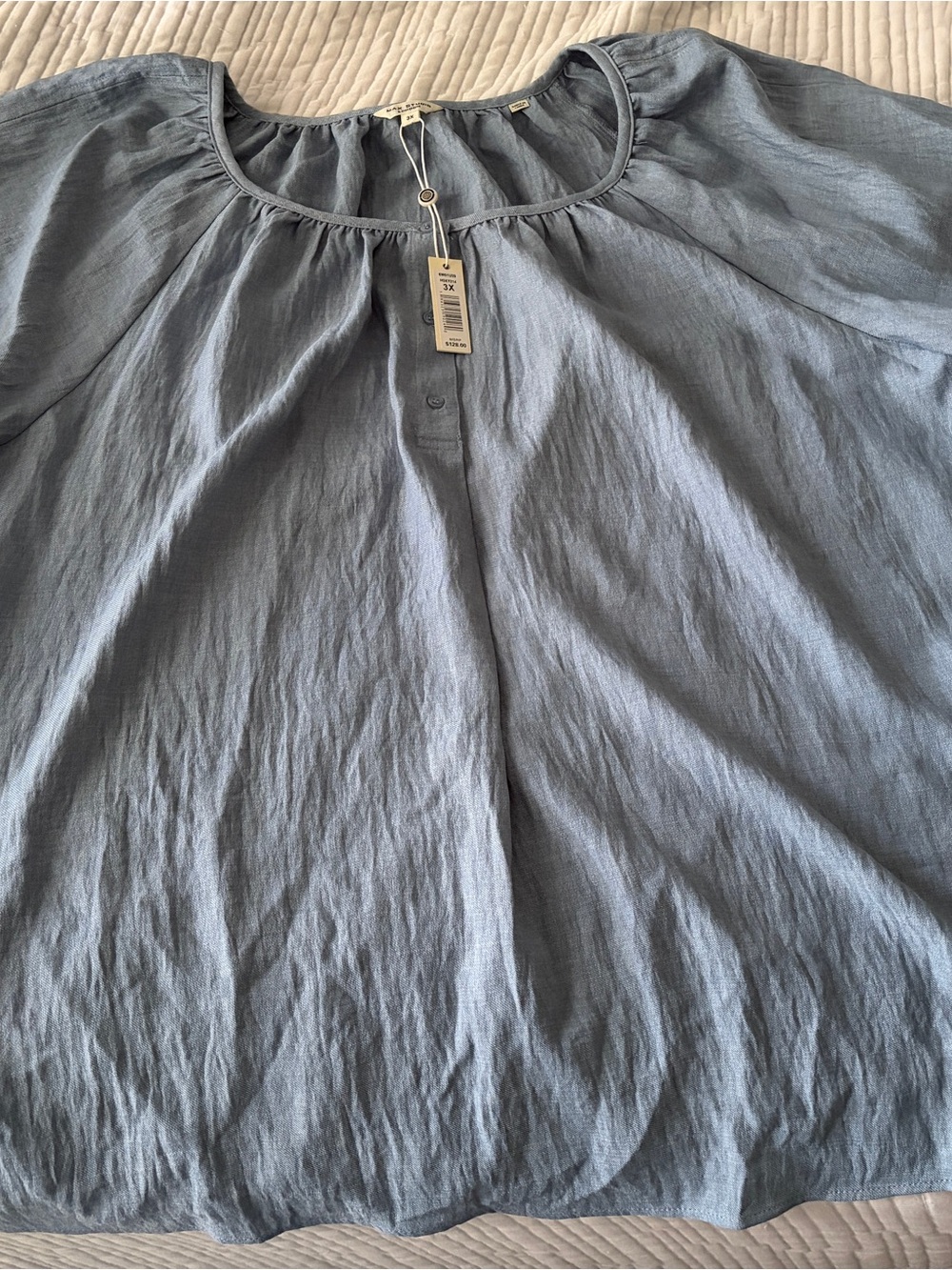 Max Studio Short Sleeve Split Neck Blouse in Heather Blue Steel NWT